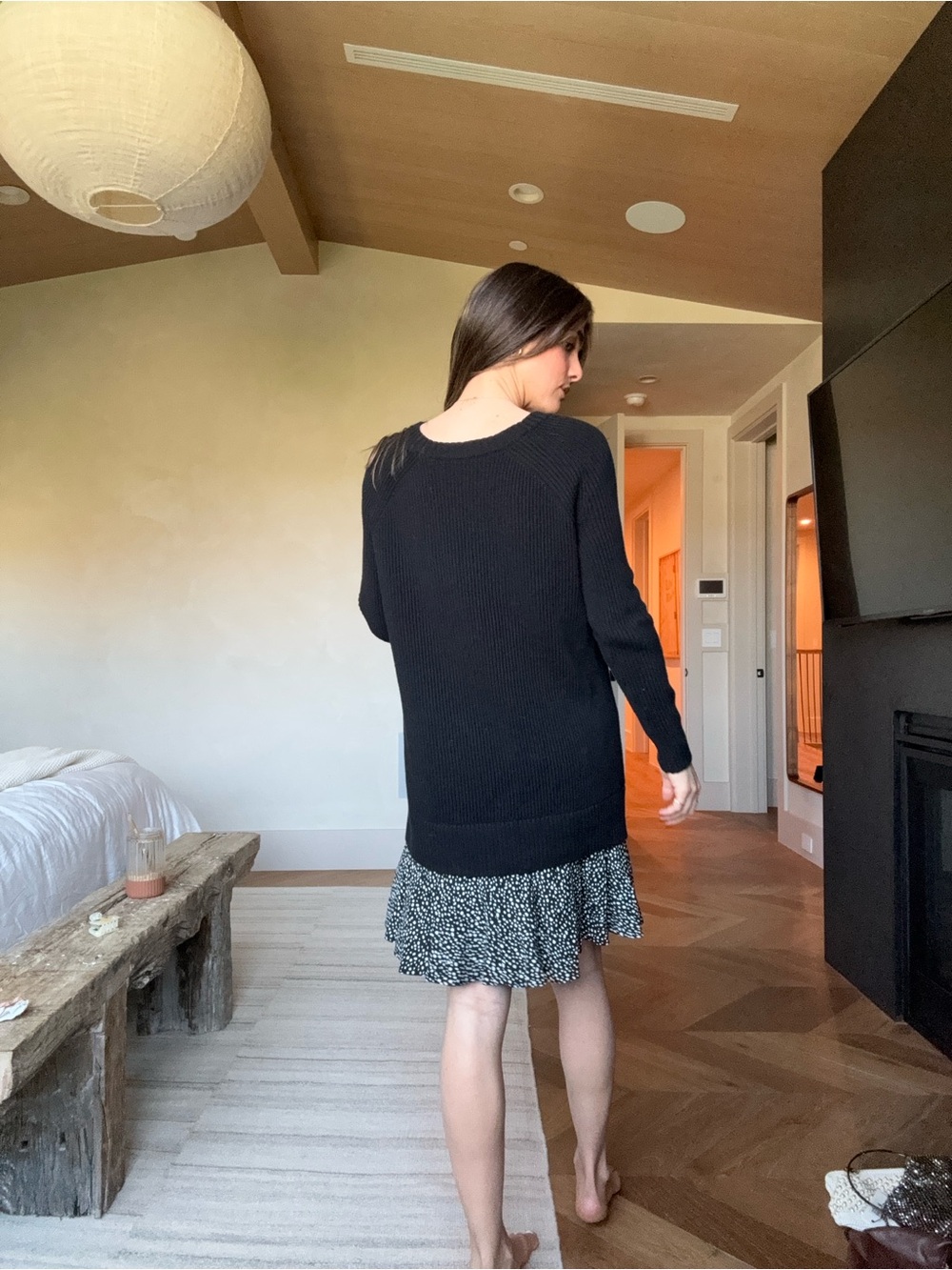 AllSaints Black Sweater Mini Dress with Printed Ruffle Hem - Picture 2 of 2